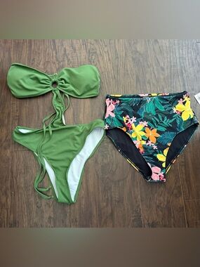 Old Navy Green Ribbed Bikini Top with Bright Floral Print Bottoms